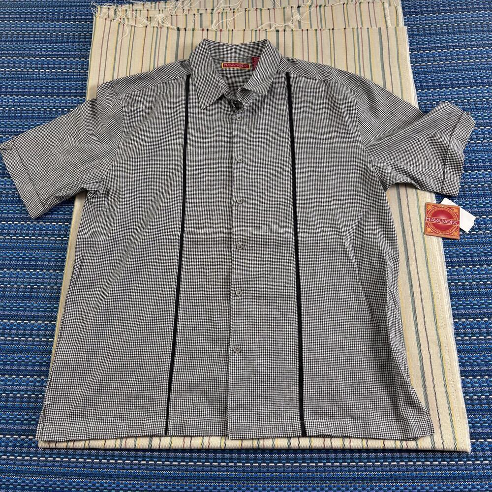NEW Havanera Shirt Mens XL Jet Black Check Short Sleeve Linen Camp Button-Up